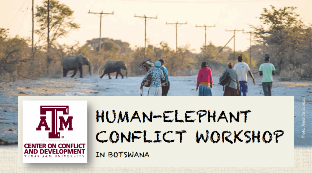 People looking at elephants in the distance with A&M logo and Human-Elephant Conflict Workshop in Botswana foreground