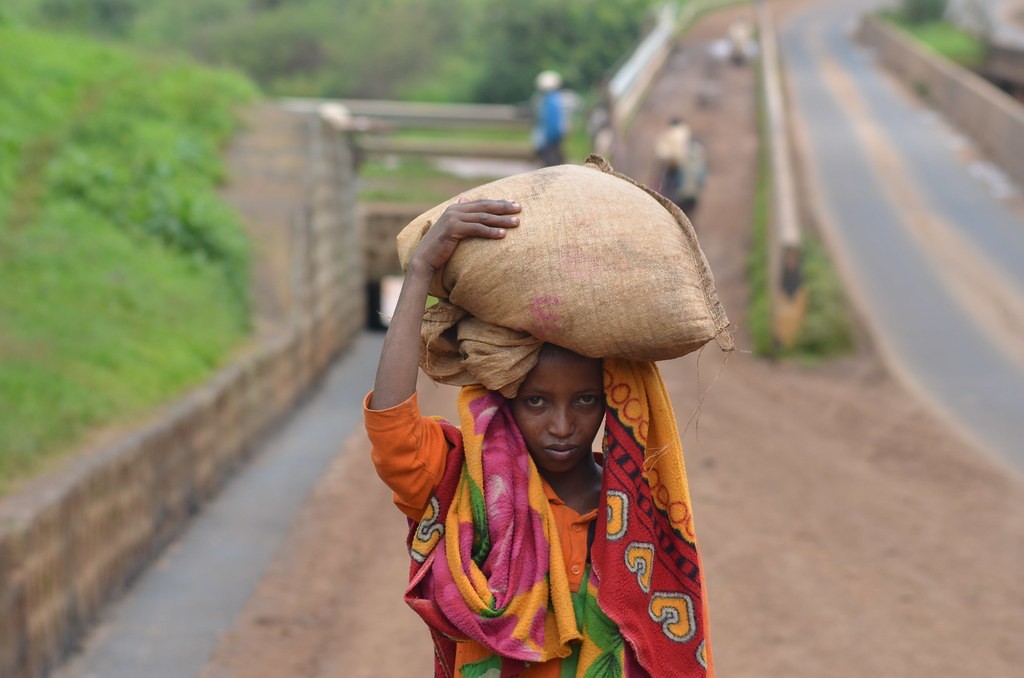 Child carrying a bag of food